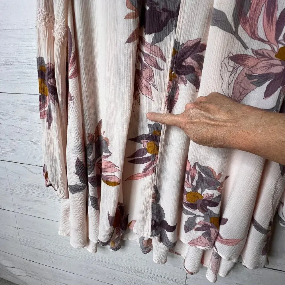 Free People Dress Womens Size XS Pink Floral Tree Swing Tunic Puff Sleeves